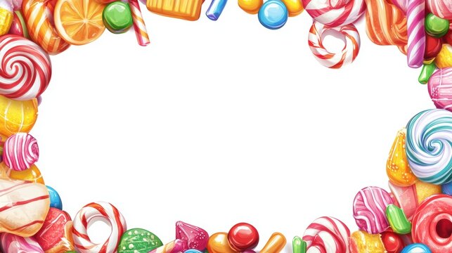 Vibrant candy border featuring an array of colorful sweets, ideal for festive designs or playful invitations, blank center for customization