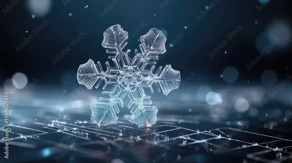 Poster a captivating snowflake displays crystal-clear symmetry and intricate patterns, emphasizing its deli