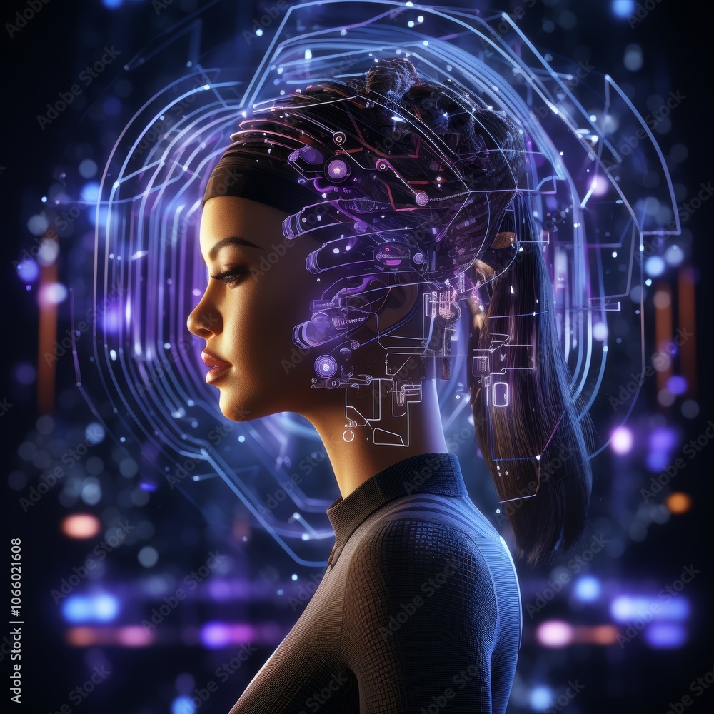 Poster a profile view of a futuristic woman, surrounded by glowing digital circuits and abstract visuals, s