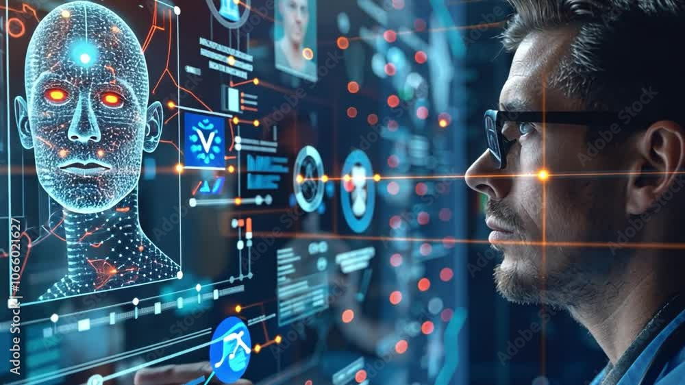 Aufkleber A tech professional studies intricate artificial intelligence graphics on a digital interface, immersed in a high-tech work environment displaying advanced analytics.
