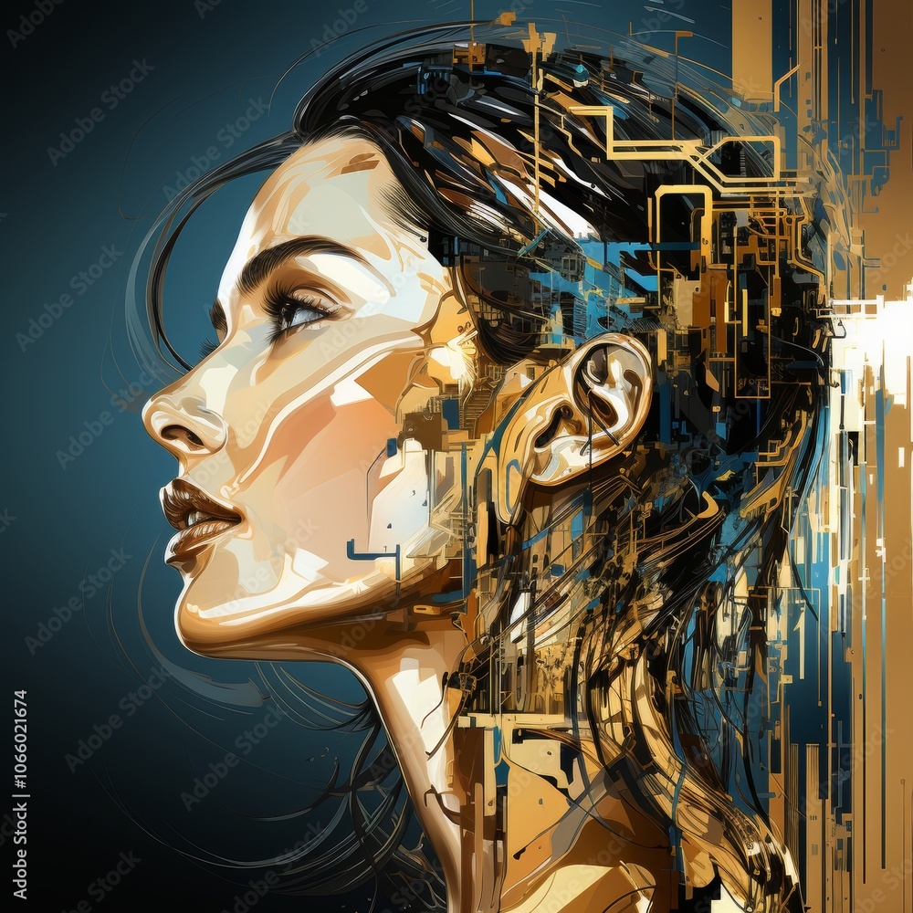 Aufkleber a womans profile is creatively illustrated with abstract digital elements and vibrant colors, mergin