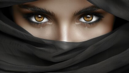 Naklejka premium A striking close-up features piercing eyes peeking from behind a black scarf. The warm tones and soft shadows create an alluring and mysterious atmosphere, inviting viewers to engage.
