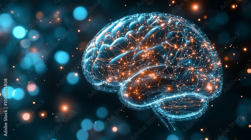 Aufkleber an abstract brain illuminated by complex circuits and connections on a glowing blue background