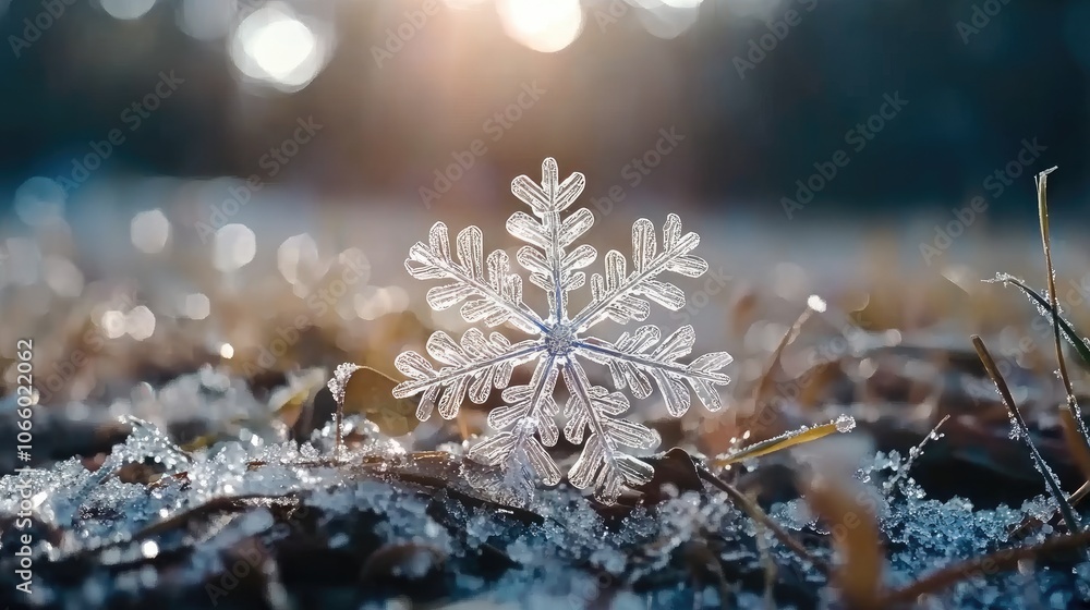 Poster a captivating snowflake displays crystal-clear symmetry and intricate patterns, emphasizing its deli