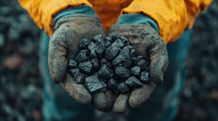 Hands Holding Coal With Gloves in Natural Setting