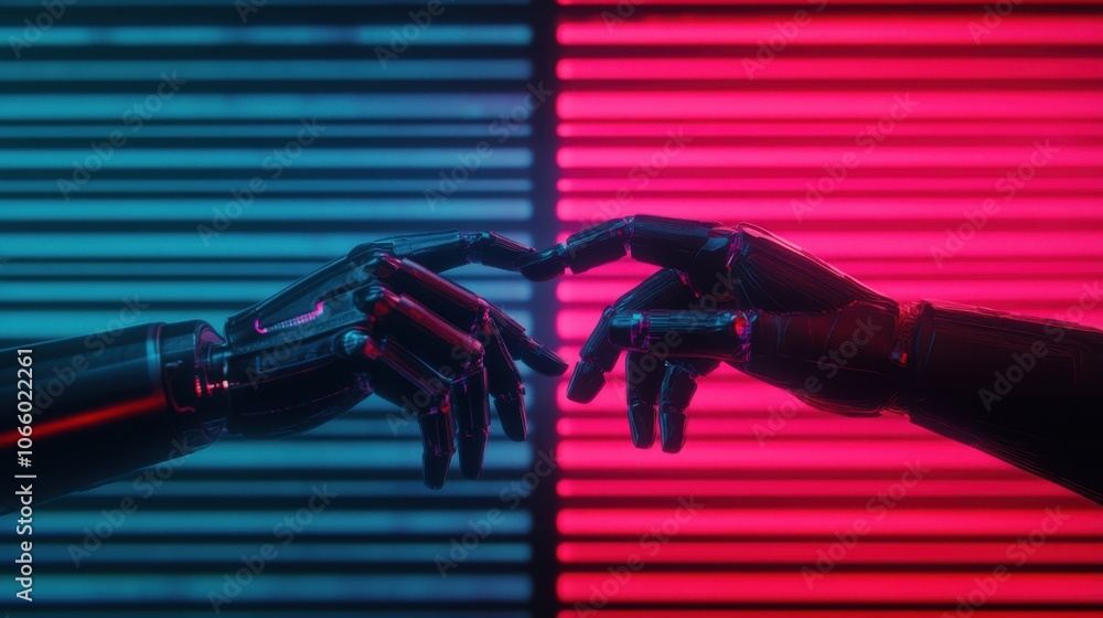 Poster human and robot hands connecting in futuristic setting
