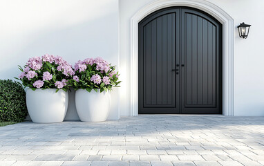 Elegant entrance featuring black arch door, surrounded by large white planters filled with pink flowers, set against clean white wall. serene atmosphere invites warmth and charm
