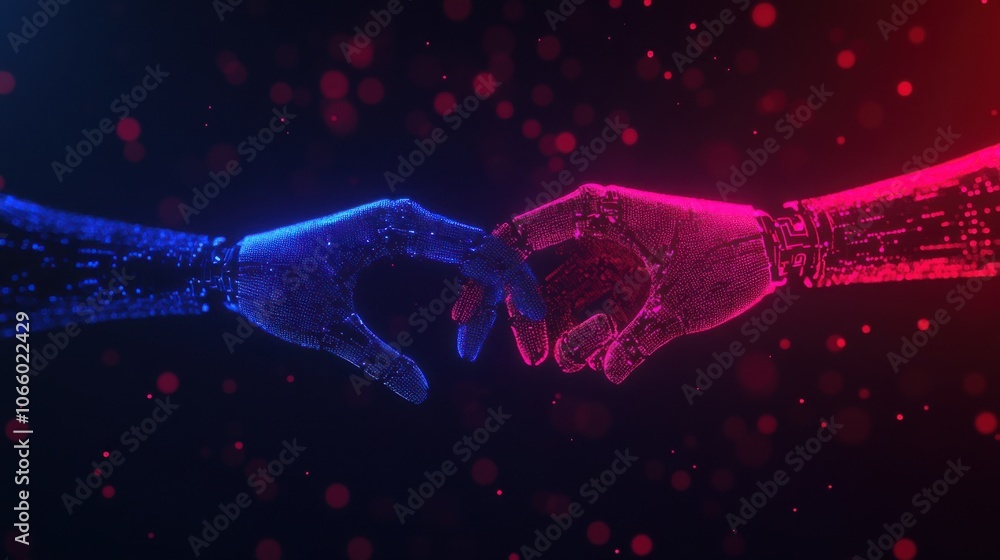 Poster interlocked hands of robot and human in dynamic colors