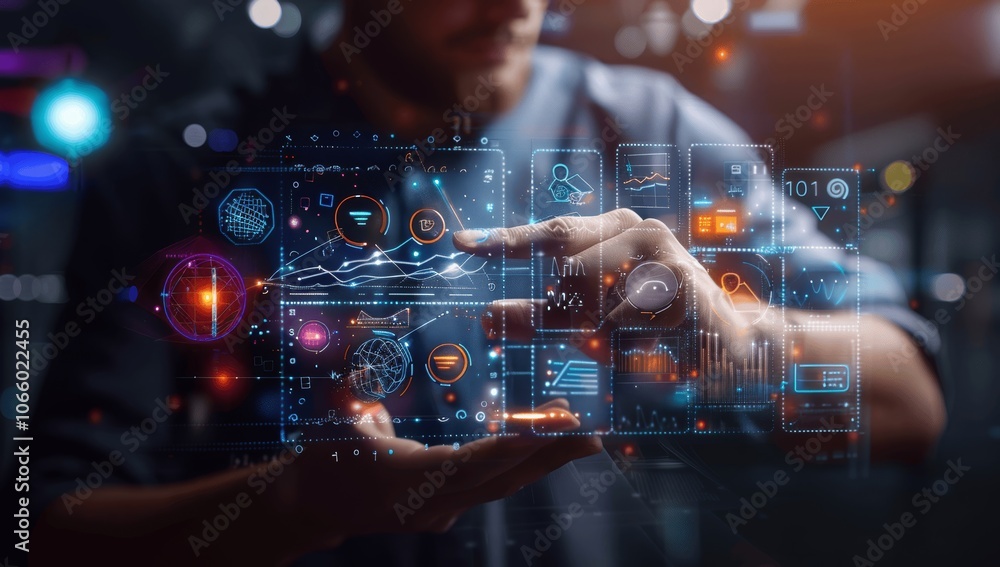 Aufkleber ai-powered business analysis with virtual screen showing financial data and graphs, intelligent dash