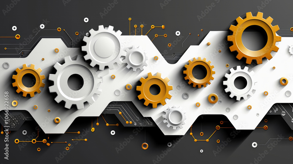 Poster this abstract design displays interlocking gears in white and gold, layered over a dark background w