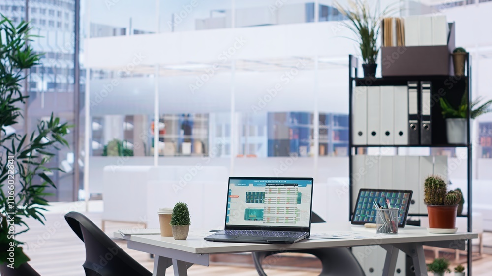 Poster empty financial department with stock portfolio on laptops and paperwork files filled with marketing