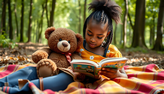 African kid, relax and reading book at park for learning, study or education in forest. Picnic blanket, outdoor or girl with story, magic fairytale or fantasy for knowledge on holiday with teddy bea
