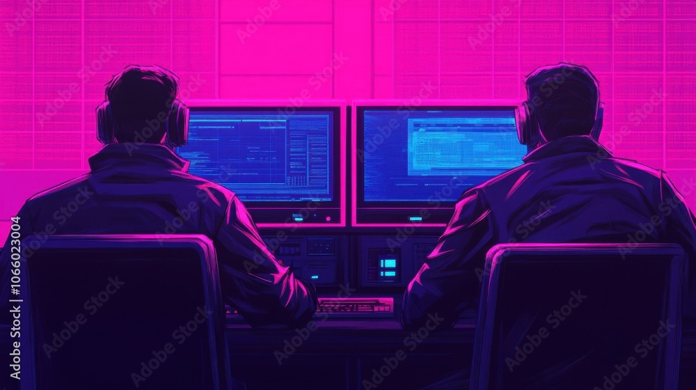 Poster neon ai lab with vintage computers and glowing screens