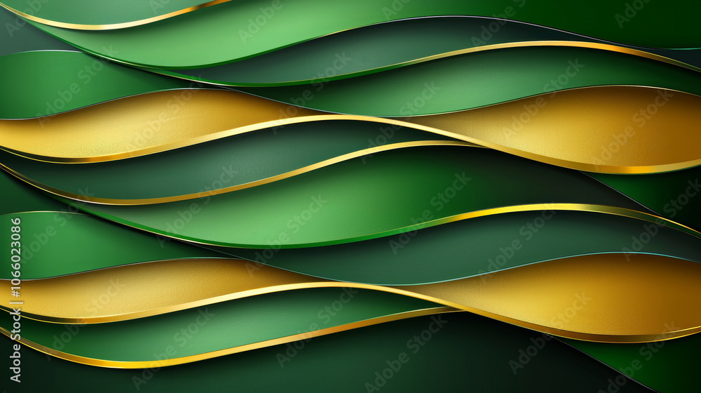 Poster the composition showcases a series of textured green and gold waves that elegantly flow over a dark 