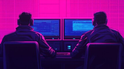 Neon AI Lab with Vintage Computers and Glowing Screens