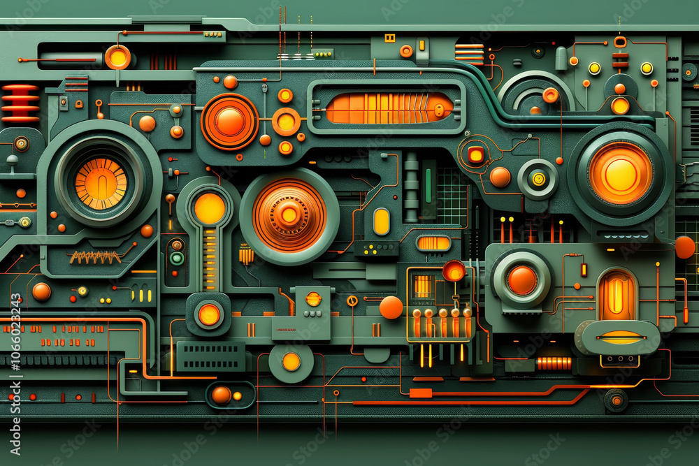 Poster a vibrant display of abstract mechanical elements features a combination of bold orange and green to