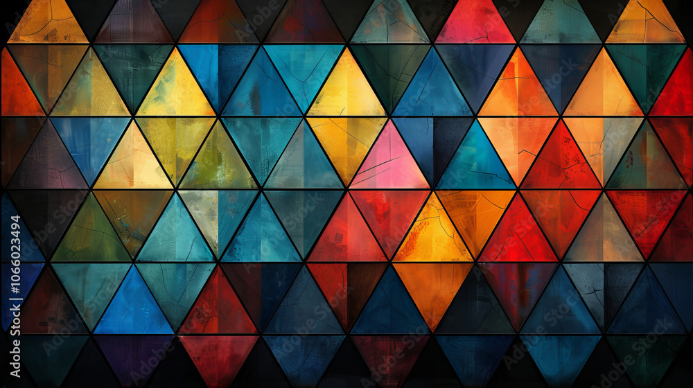 Poster a vibrant mosaic design features an array of triangles in various colors, including blues, reds, and