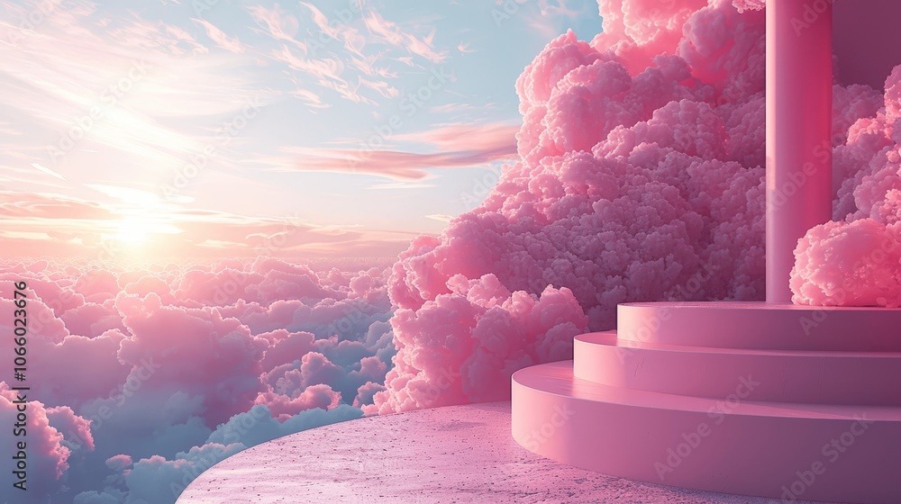 Aufkleber pink podium background with clouds for product display - abstract minimal scene with round stand on 