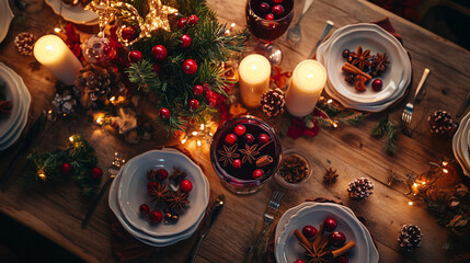 Festive setup with mulled wine, cinnamon sticks and star anise