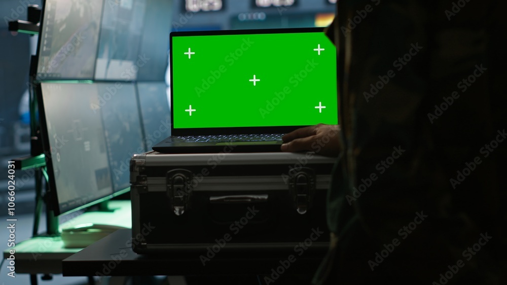 Aufkleber army specialist working in war room operating surveillance tech, evaluating target data on isolated 