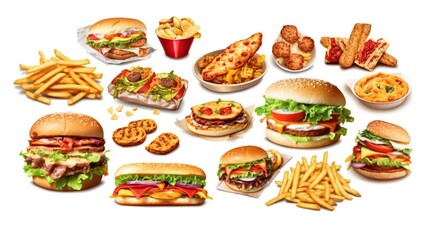 A variety of fast food items including burgers, fries, chicken nuggets, and sandwiches, all on a white background.