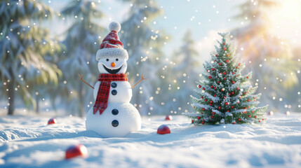 Fototapeta premium Snowman wearing a Santa hat and scarf with Christmas tree in a snowy landscape, illuminated by warm sunlight