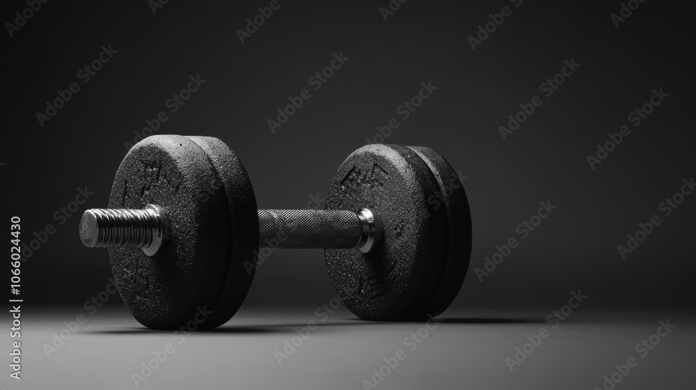 Poster black dumbbell is lying on a dark gray background, creating a dramatic and powerful image perfect fo