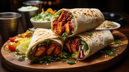 Three grilled chicken wraps on a wooden board with various dips and sides, including lettuce, tomato, onion, and parsley.