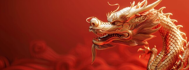 Golden Chinese Dragon on Red Background for New Year Celebration