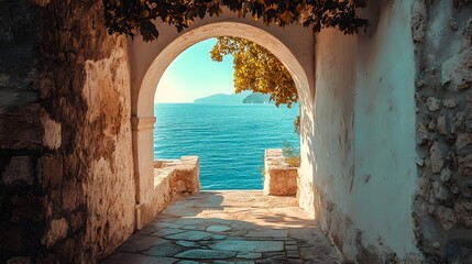 Obraz premium the Capri sea unfolds from an elegant archway in Italy, framing the shimmering blue waters and the stunning coastal scenery beyond.