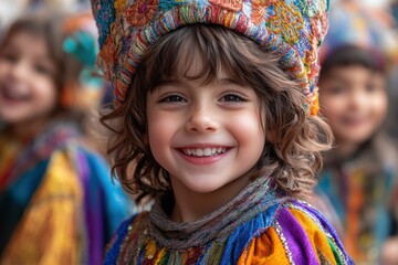 Fototapeta premium Joyful children in vibrant costumes celebrating Purim festival
