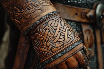 a Viking bracer, a leather forearm guard with carvings.