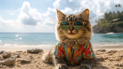 Obraz premium Cool cat wearing sunglasses and Hawaiian shirt lying on a beach.