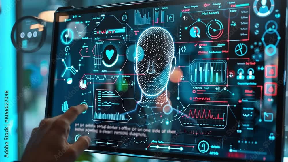 Poster An individual engages with a futuristic touchscreen displaying various health metrics, data analytics, and visual graphs in a sleek, contemporary setting.