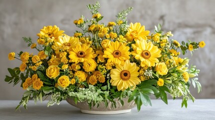 Fototapeta premium A cheerful arrangement of bright yellow flowers, creating a stunning visual display that brightens any setting with its lively energy.