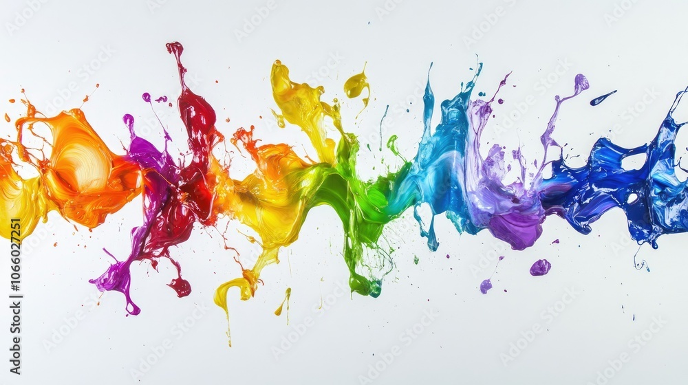 Poster a collection of colorful paint splashes captured in mid-flight, showcasing a rainbow of hues against