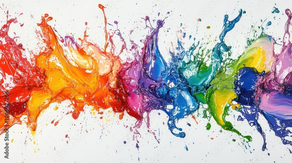 Poster a collection of colorful paint splashes captured in mid-flight, showcasing a rainbow of hues against
