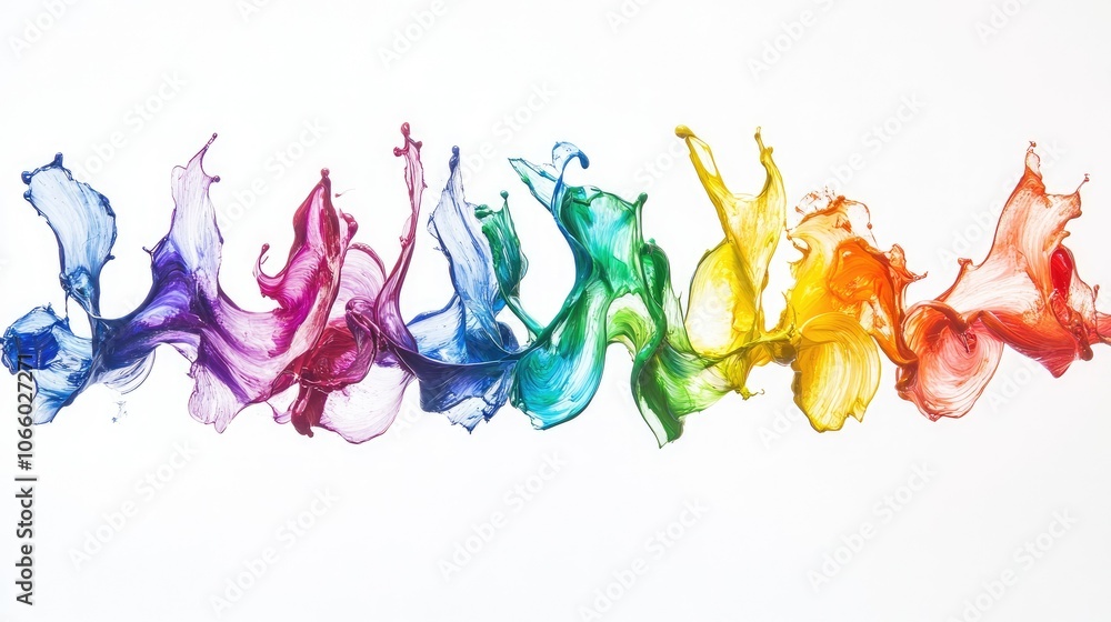 Poster a collection of colorful paint splashes captured in mid-flight, showcasing a rainbow of hues against