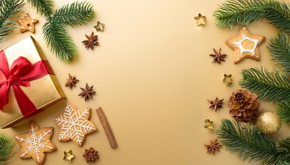 Elegant Christmas flat lay with golden gift box and festive decorations on light gold background. Generative AI