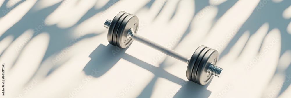 Poster Steel dumbbell casting shadows of palm tree leaves on a white background creates a relaxing and inspiring atmosphere for fitness enthusiasts
