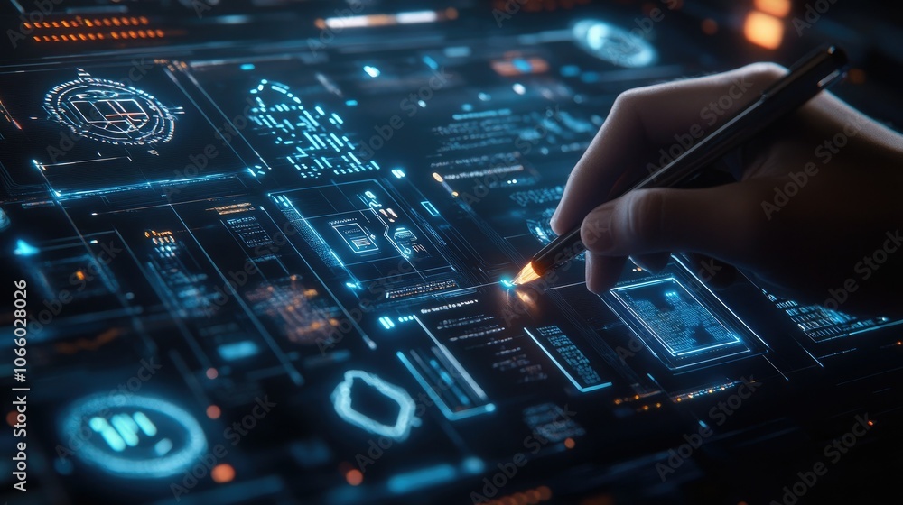 Poster A hand holding a pen interacts with floating cybersecurity icons on a futuristic interface, symbolizing innovation in digital security and technology.