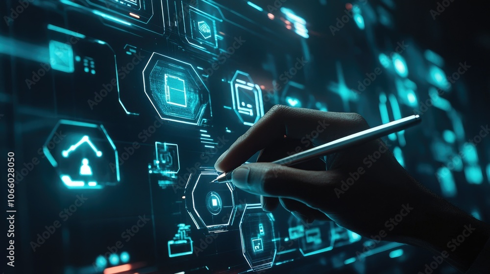 Aufkleber a hand holding a pen interacts with floating cybersecurity icons on a futuristic interface, symboliz