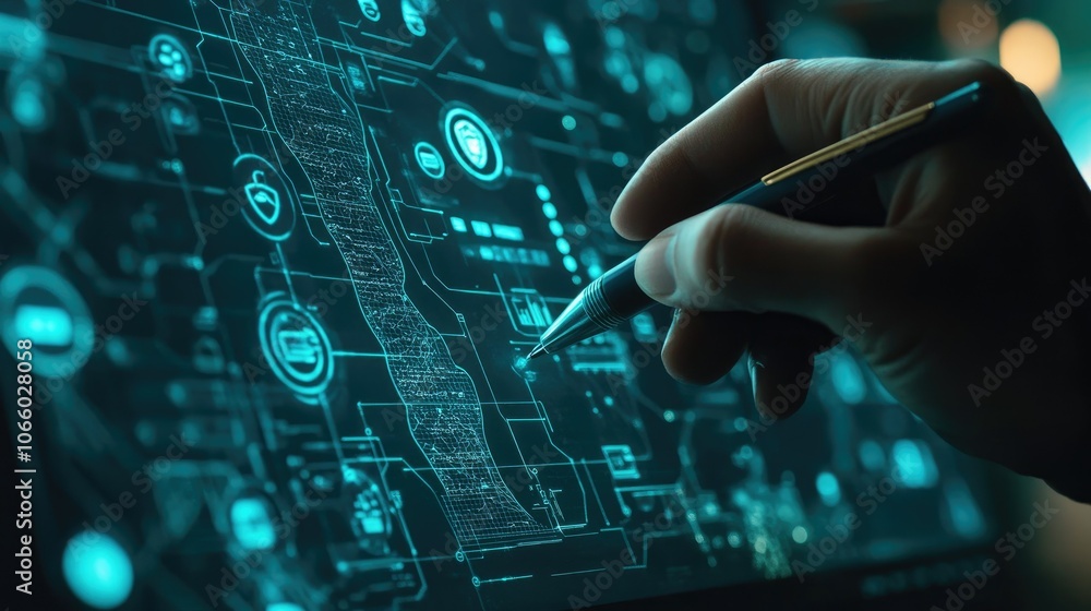 Poster a hand holding a pen navigates through a variety of cybersecurity symbols on a futuristic interface,