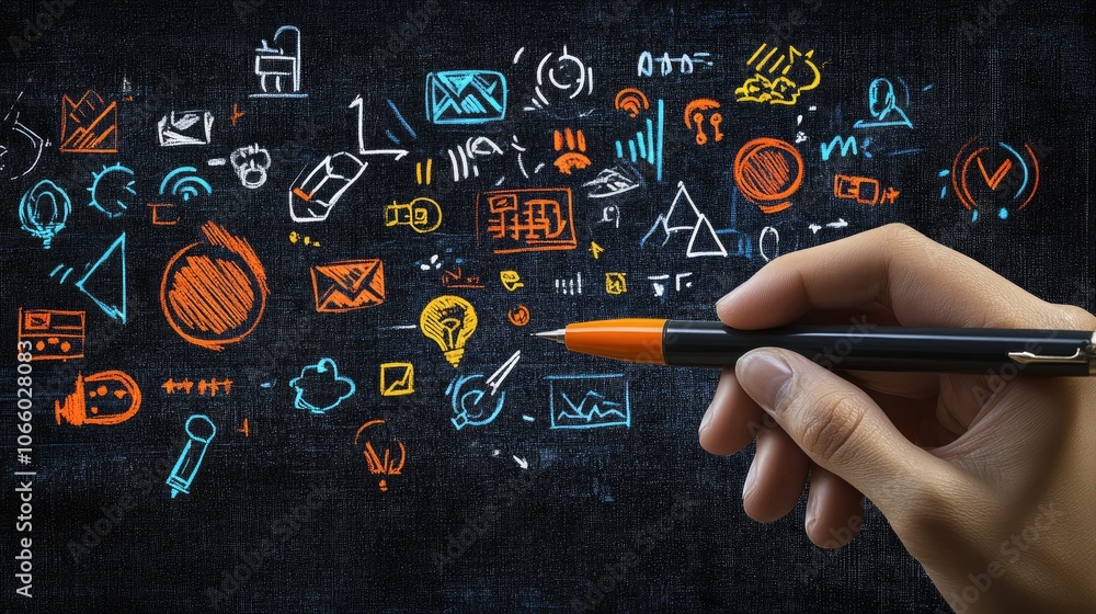 Poster a hand holding a pen navigates through a variety of cybersecurity symbols on a futuristic interface,