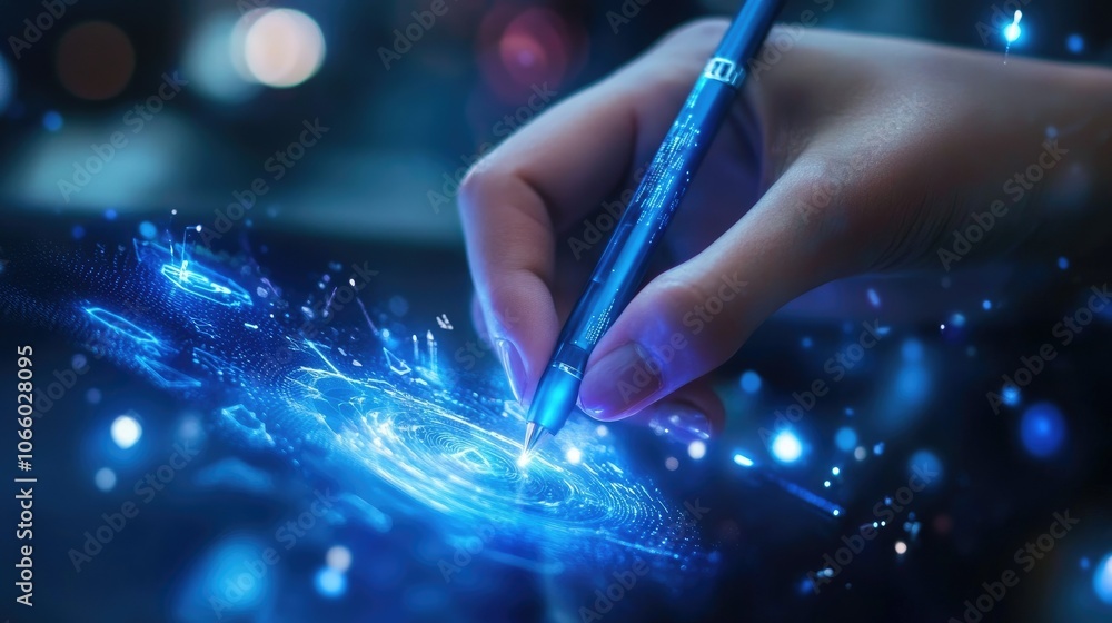 Poster a hand uses a pen to interact with holographic cybersecurity symbols, representing the blend of tech