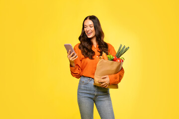 Positive pretty lady using cellphone and holding shopping paper bag with fresh food products...