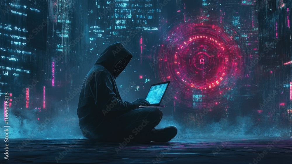 Poster a hooded figure sits with a laptop, surrounded by glowing holographic cyber symbols, embodying the e