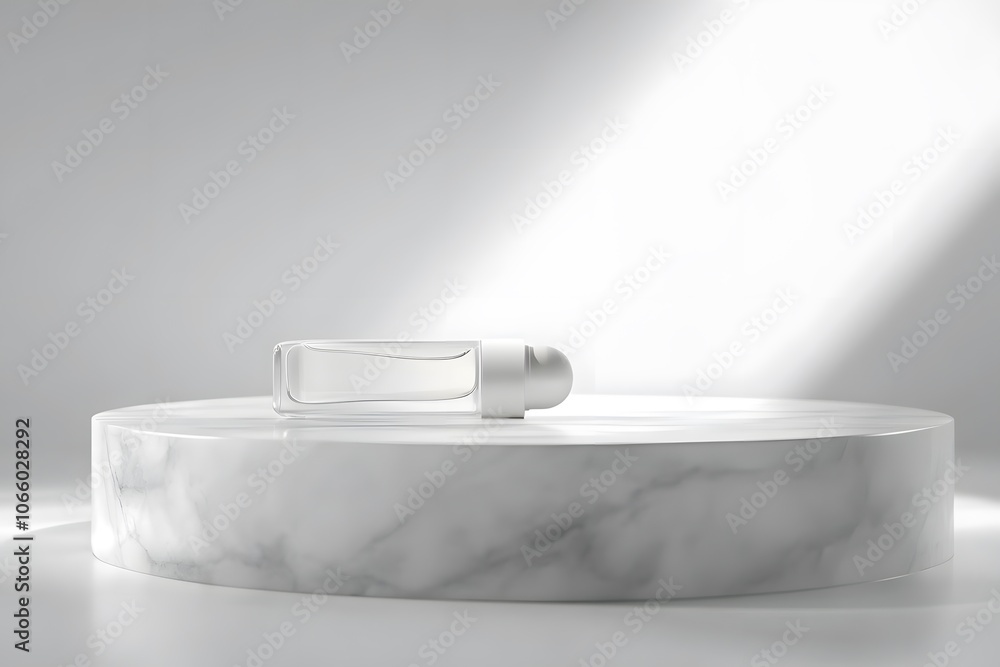Poster a minimalist display featuring a transparent bottle on a marble pedestal with soft lighting.