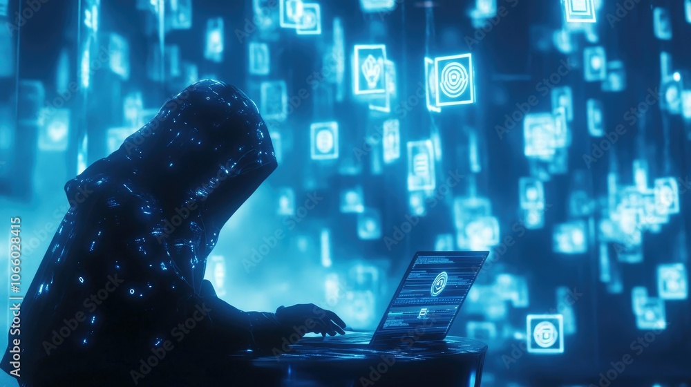 Poster a lone hooded figure, illuminated by the glow of a laptop, interacts with floating holographic icons