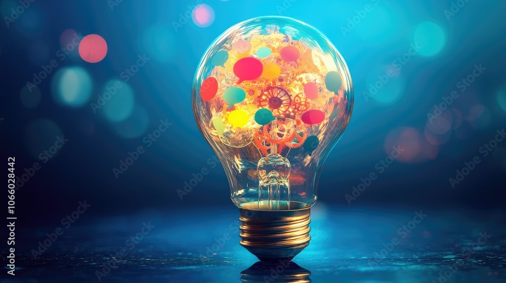 Aufkleber a luminous lightbulb filled with mechanical gears and colorful speech bubbles, set on a blue backgro